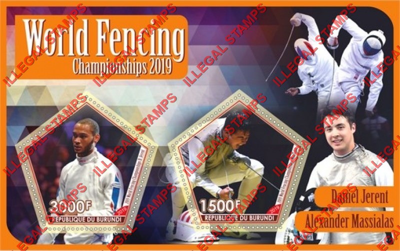 Burundi 2019 Fencing World Championships Counterfeit Illegal Stamp Souvenir Sheet of 2 Burundi 2019 Fencing World Championships Counterfeit Illegal Stamp Souvenir Sheet of 2