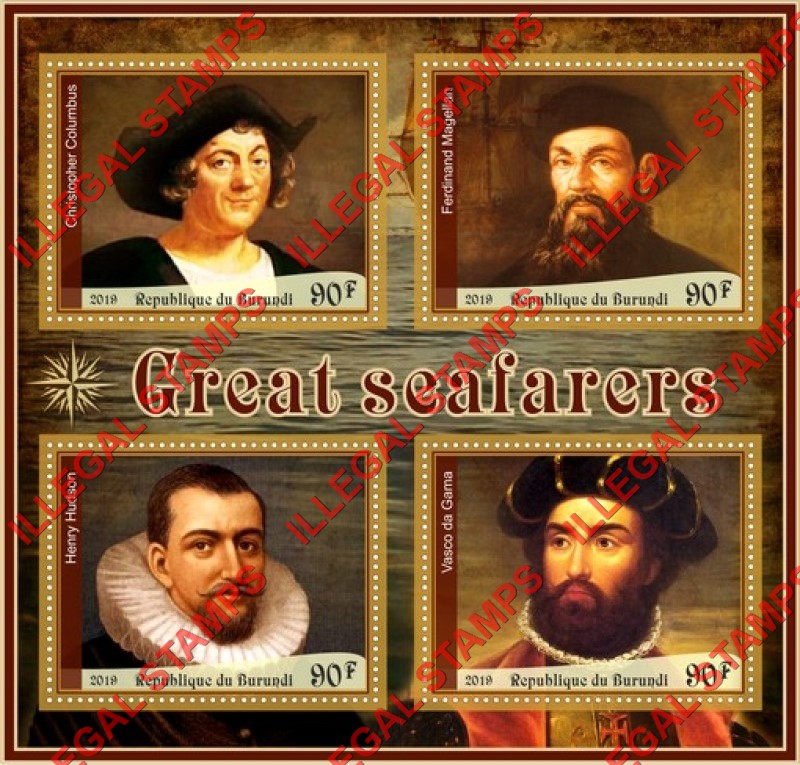 Burundi 2019 Great Seafarers (different) Counterfeit Illegal Stamp Souvenir Sheet of 4 Burundi 2019 Great Seafarers (different) Counterfeit Illegal Stamp Souvenir Sheet of 4