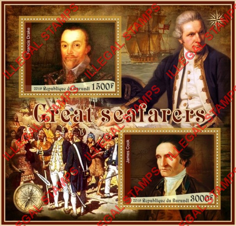 Burundi 2019 Great Seafarers (different) Counterfeit Illegal Stamp Souvenir Sheet of 2 Burundi 2019 Great Seafarers (different) Counterfeit Illegal Stamp Souvenir Sheet of 2