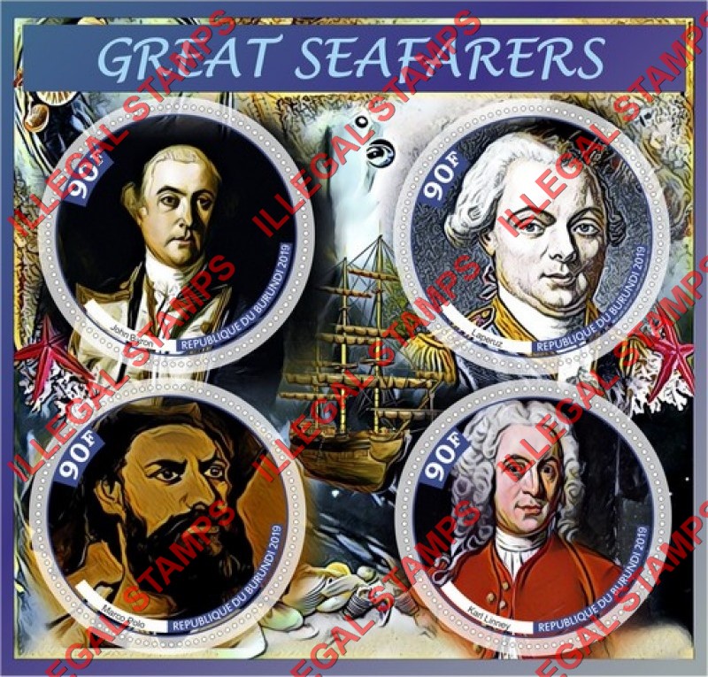 Burundi 2019 Great Seafarers Counterfeit Illegal Stamp Souvenir Sheet of 4 Burundi 2019 Great Seafarers Counterfeit Illegal Stamp Souvenir Sheet of 4