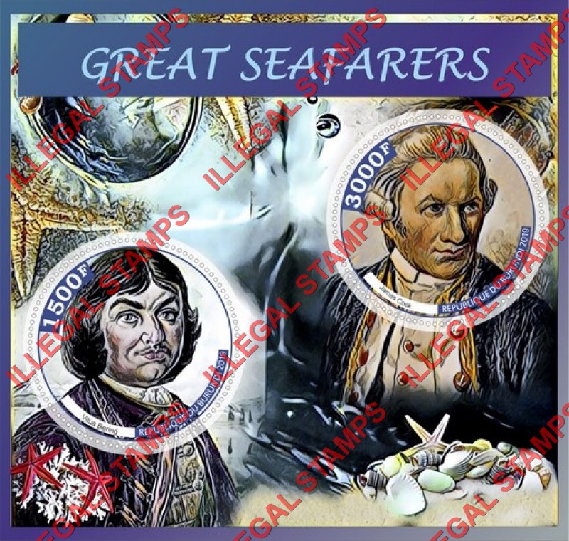 Burundi 2019 Great Seafarers Counterfeit Illegal Stamp Souvenir Sheet of 2 Burundi 2019 Great Seafarers Counterfeit Illegal Stamp Souvenir Sheet of 2