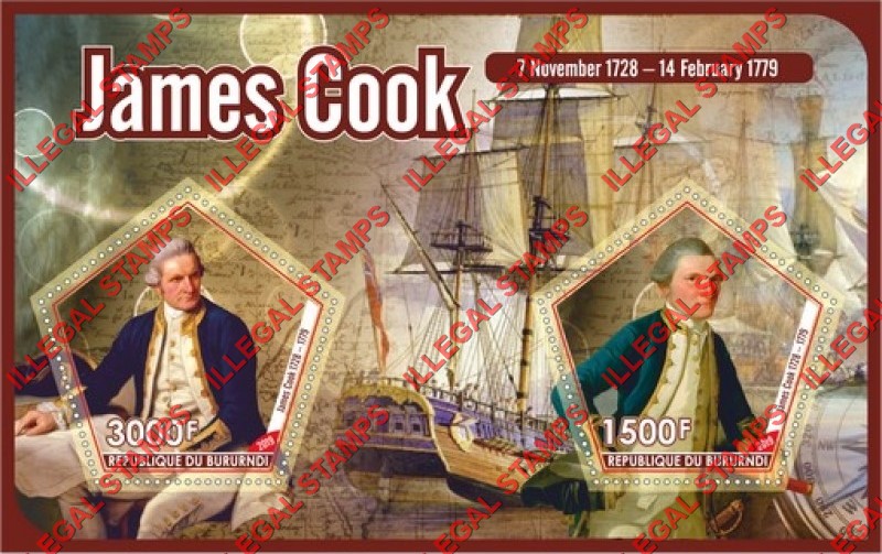 Burundi 2019 James Cook Counterfeit Illegal Stamp Souvenir Sheet of 2 Burundi 2019 James Cook Counterfeit Illegal Stamp Souvenir Sheet of 2