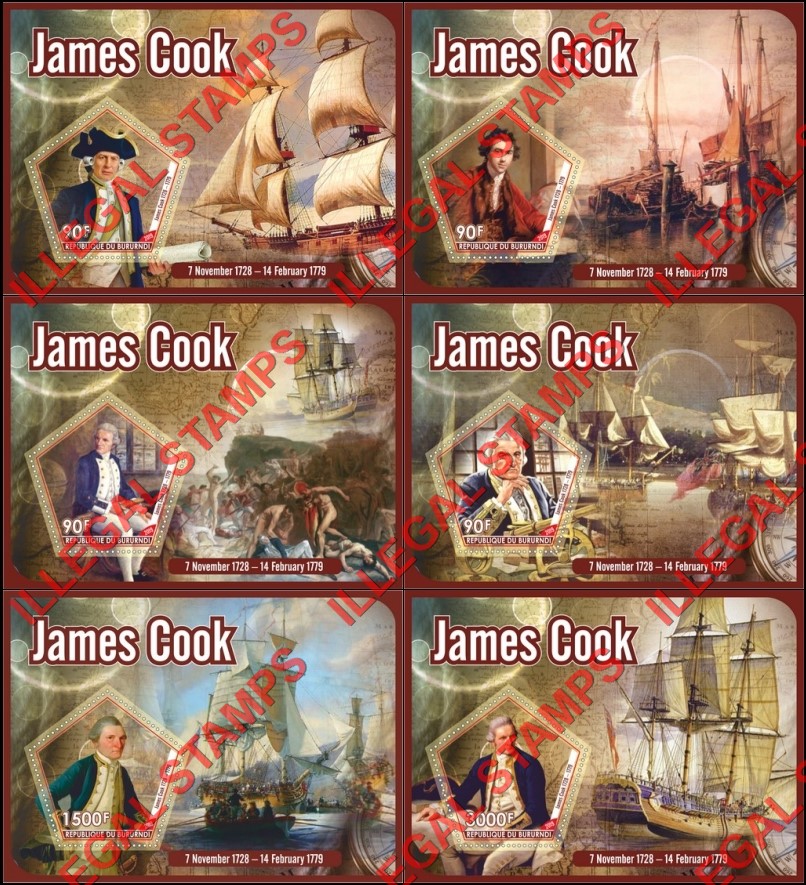 Burundi 2019 James Cook Counterfeit Illegal Stamp Souvenir Sheets of 1 Burundi 2019 James Cook Counterfeit Illegal Stamp Souvenir Sheets of 1