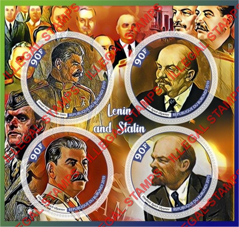 Burundi 2019 Lenin and Stalin (different) Counterfeit Illegal Stamp Souvenir Sheet of 4 Burundi 2019 Lenin and Stalin (different) Counterfeit Illegal Stamp Souvenir Sheet of 4