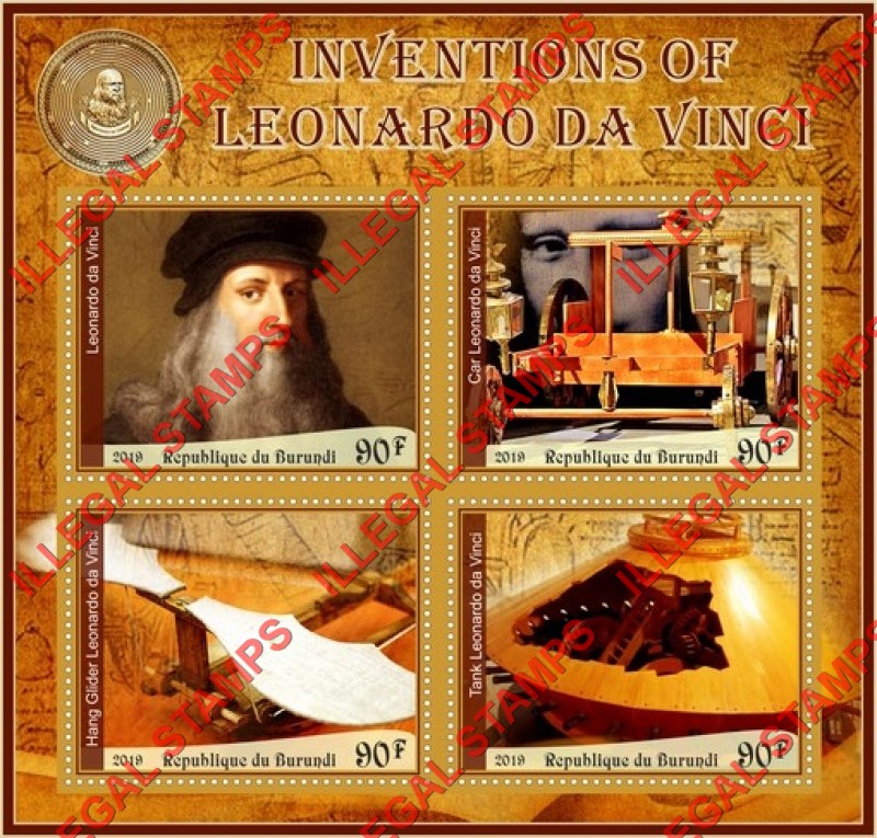 Burundi 2019 Leonardo da Vinci Inventions Counterfeit Illegal Stamp Souvenir Sheet of 4 Burundi 2019 Leonardo da Vinci Inventions Counterfeit Illegal Stamp Souvenir Sheet of 4