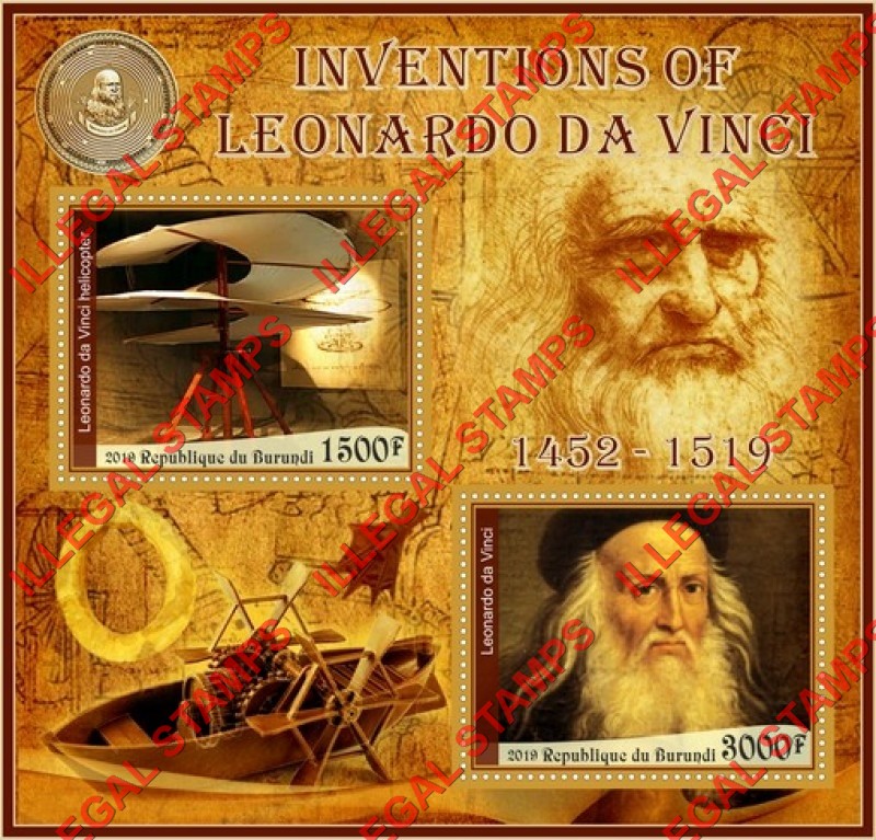 Burundi 2019 Leonardo da Vinci Inventions Counterfeit Illegal Stamp Souvenir Sheet of 2 Burundi 2019 Leonardo da Vinci Inventions Counterfeit Illegal Stamp Souvenir Sheet of 2