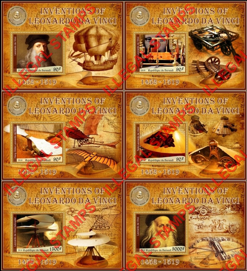 Burundi 2019 Leonardo da Vinci Inventions Counterfeit Illegal Stamp Souvenir Sheets of 1 Burundi 2019 Leonardo da Vinci Inventions Counterfeit Illegal Stamp Souvenir Sheets of 1