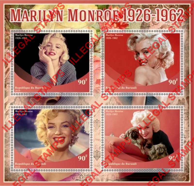 Burundi 2019 Marilyn Monroe (different) Counterfeit Illegal Stamp Souvenir Sheet of 4 Burundi 2019 Marilyn Monroe (different) Counterfeit Illegal Stamp Souvenir Sheet of 4