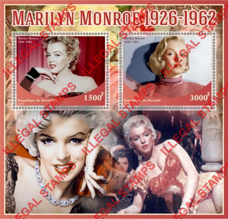 Burundi 2019 Marilyn Monroe (different) Counterfeit Illegal Stamp Souvenir Sheet of 2 Burundi 2019 Marilyn Monroe (different) Counterfeit Illegal Stamp Souvenir Sheet of 2