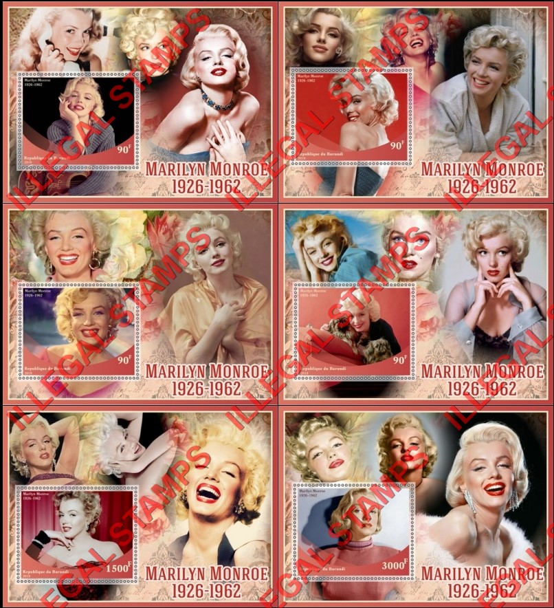 Burundi 2019 Marilyn Monroe (different) Counterfeit Illegal Stamp Souvenir Sheets of 1 Burundi 2019 Marilyn Monroe (different) Counterfeit Illegal Stamp Souvenir Sheets of 1
