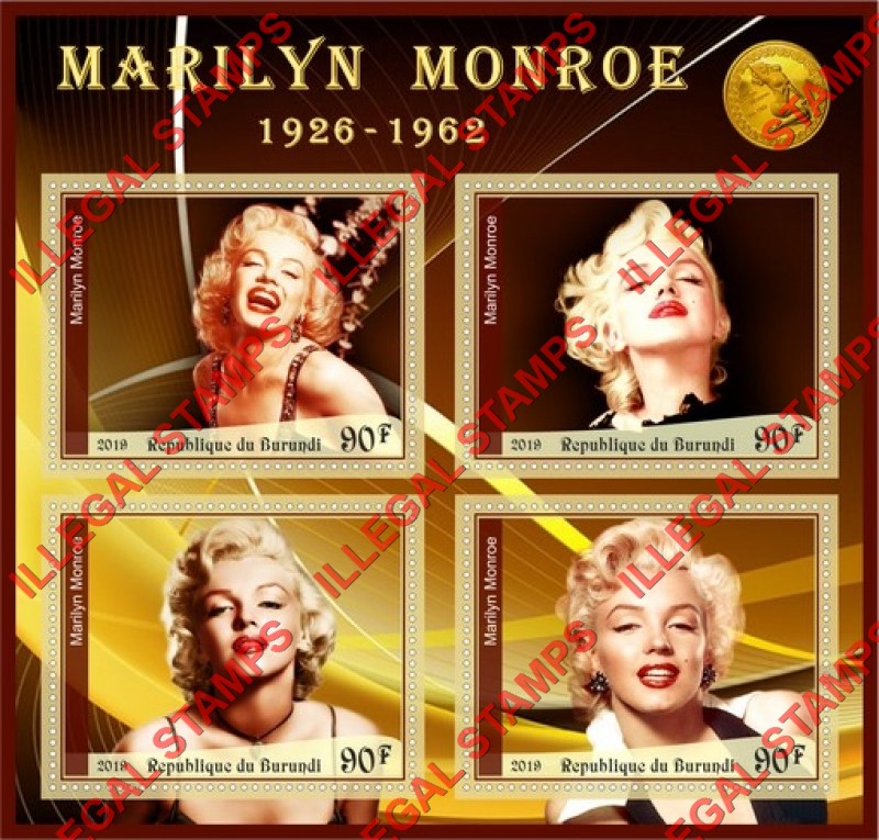 Burundi 2019 Marilyn Monroe Counterfeit Illegal Stamp Souvenir Sheet of 4 Burundi 2019 Marilyn Monroe Counterfeit Illegal Stamp Souvenir Sheet of 4