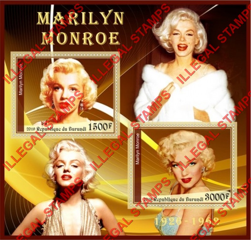 Burundi 2019 Marilyn Monroe Counterfeit Illegal Stamp Souvenir Sheet of 2 Burundi 2019 Marilyn Monroe Counterfeit Illegal Stamp Souvenir Sheet of 2