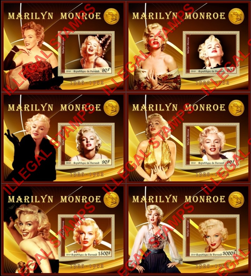 Burundi 2019 Marilyn Monroe Counterfeit Illegal Stamp Souvenir Sheets of 1 Burundi 2019 Marilyn Monroe Counterfeit Illegal Stamp Souvenir Sheets of 1