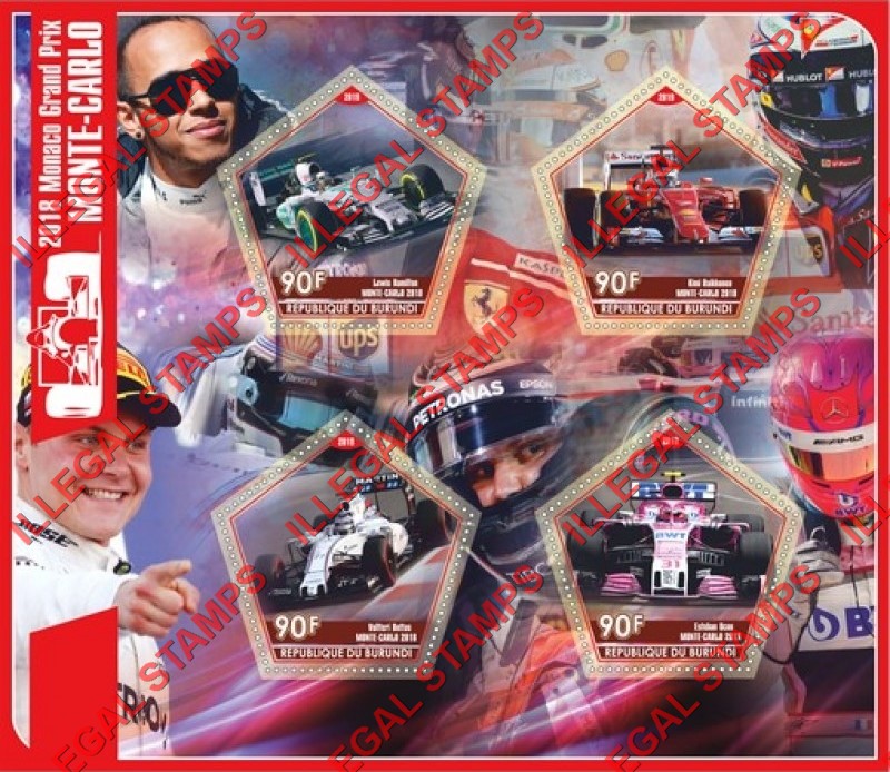 Burundi 2019 Monaco Grand Prix Monte-Carlo in 2018 Counterfeit Illegal Stamp Souvenir Sheet of 4 Burundi 2019 Monaco Grand Prix Monte-Carlo in 2018 Counterfeit Illegal Stamp Souvenir Sheet of 4