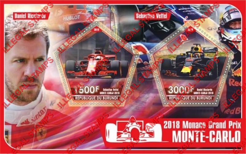 Burundi 2019 Monaco Grand Prix Monte-Carlo in 2018 Counterfeit Illegal Stamp Souvenir Sheet of 2 Burundi 2019 Monaco Grand Prix Monte-Carlo in 2018 Counterfeit Illegal Stamp Souvenir Sheet of 2