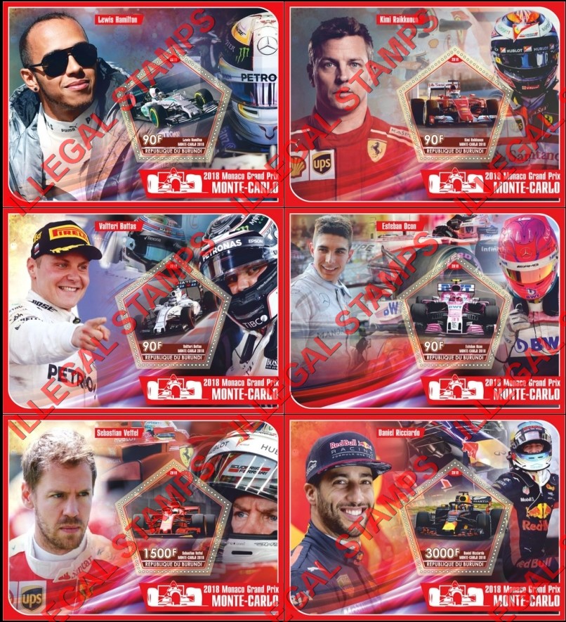 Burundi 2019 Monaco Grand Prix Monte-Carlo in 2018 Counterfeit Illegal Stamp Souvenir Sheets of 1 Burundi 2019 Monaco Grand Prix Monte-Carlo in 2018 Counterfeit Illegal Stamp Souvenir Sheets of 1