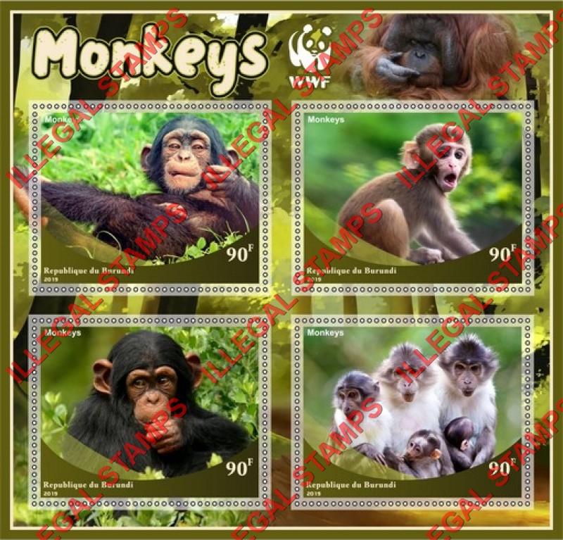 Burundi 2019 Monkeys World Wildlife Fund (WWF) Counterfeit Illegal Stamp Souvenir Sheet of 4 Burundi 2019 Monkeys World Wildlife Fund (WWF) Counterfeit Illegal Stamp Souvenir Sheet of 4