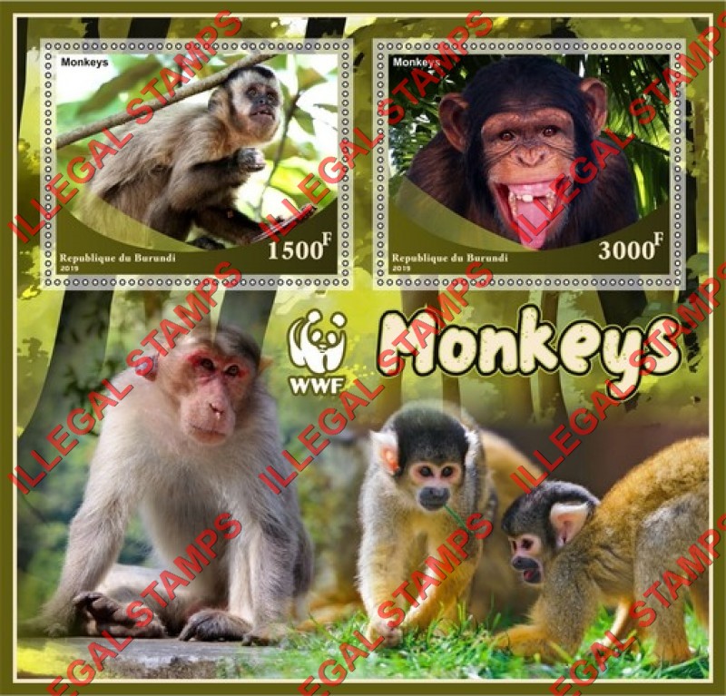 Burundi 2019 Monkeys World Wildlife Fund (WWF) Counterfeit Illegal Stamp Souvenir Sheet of 2 Burundi 2019 Monkeys World Wildlife Fund (WWF) Counterfeit Illegal Stamp Souvenir Sheet of 2