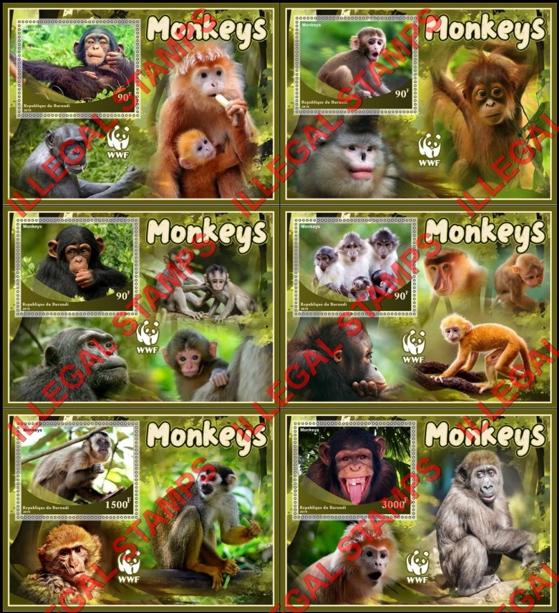 Burundi 2019 Monkeys World Wildlife Fund (WWF) Counterfeit Illegal Stamp Souvenir Sheets of 1 Burundi 2019 Monkeys World Wildlife Fund (WWF) Counterfeit Illegal Stamp Souvenir Sheets of 1