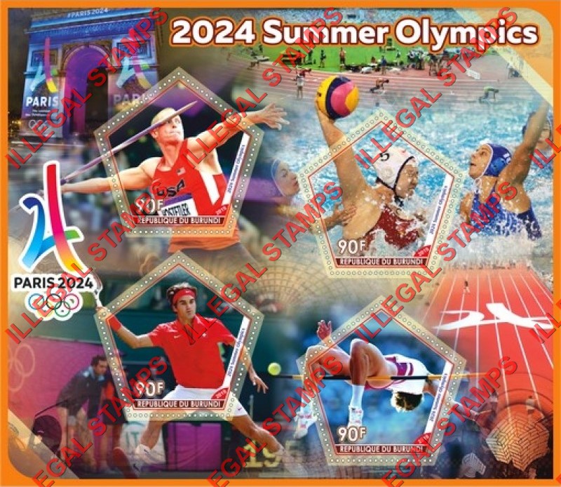 Burundi 2019 Olympic Games in Paris in 2024 Counterfeit Illegal Stamp Souvenir Sheet of 4 Burundi 2019 Olympic Games in Paris in 2024 Counterfeit Illegal Stamp Souvenir Sheet of 4