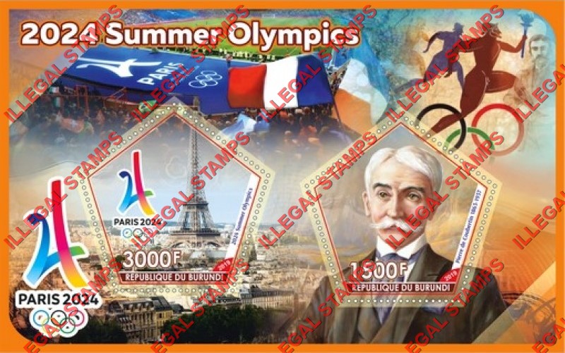 Burundi 2019 Olympic Games in Paris in 2024 Counterfeit Illegal Stamp Souvenir Sheet of 2 Burundi 2019 Olympic Games in Paris in 2024 Counterfeit Illegal Stamp Souvenir Sheet of 2
