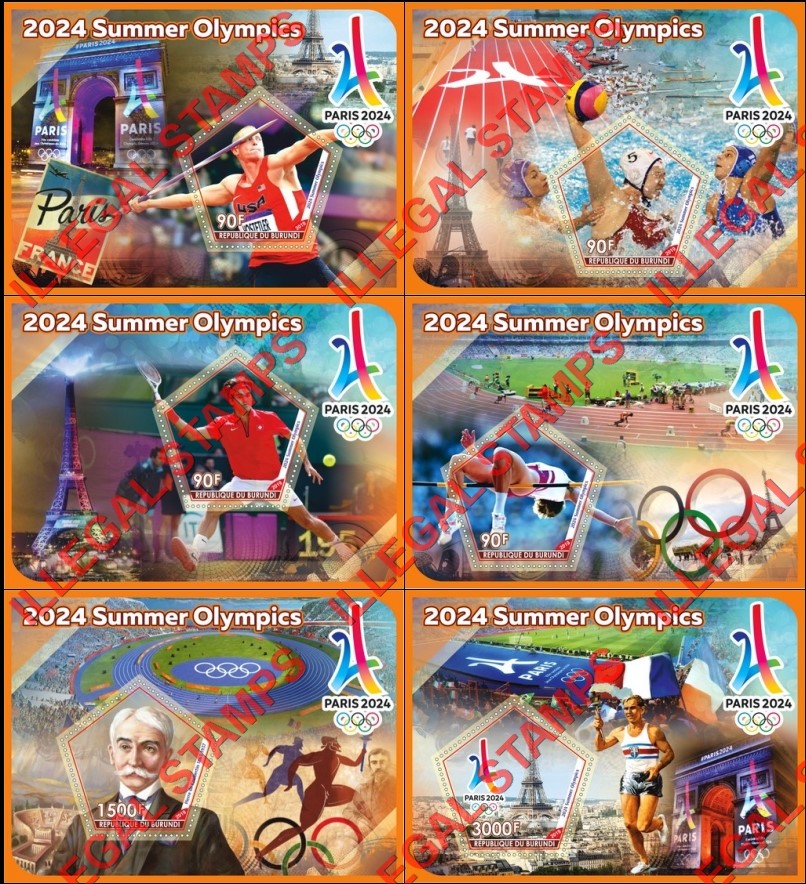 Burundi 2019 Olympic Games in Paris in 2024 Counterfeit Illegal Stamp Souvenir Sheets of 1 Burundi 2019 Olympic Games in Paris in 2024 Counterfeit Illegal Stamp Souvenir Sheets of 1