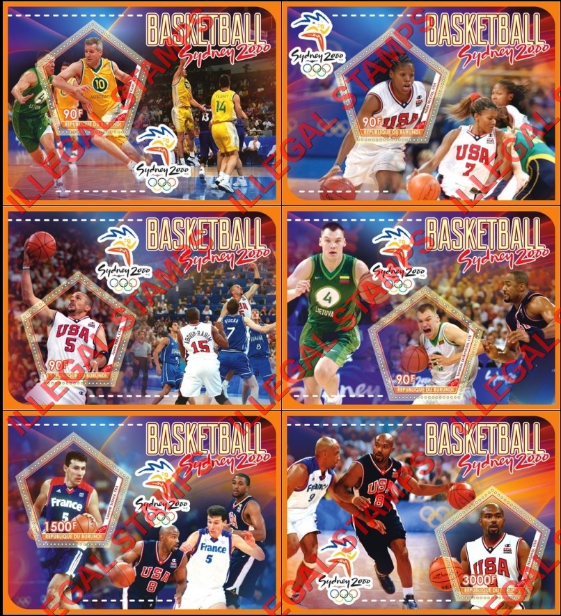 Burundi 2019 Olympic Games in Sydney in 2000 Basketball Counterfeit Illegal Stamp Souvenir Sheets of 1 Burundi 2019 Olympic Games in Sydney in 2000 Basketball Counterfeit Illegal Stamp Souvenir Sheets of 1