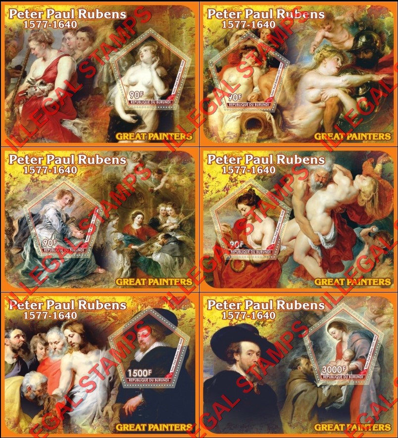 Burundi 2019 Paintings by Peter Paul Rubens Counterfeit Illegal Stamp Souvenir Sheets of 1 Burundi 2019 Paintings by Peter Paul Rubens Counterfeit Illegal Stamp Souvenir Sheets of 1