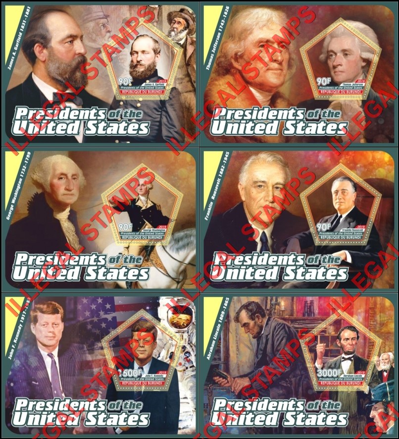 Burundi 2019 Presidents of the United States Counterfeit Illegal Stamp Souvenir Sheets of 1 Burundi 2019 Presidents of the United States Counterfeit Illegal Stamp Souvenir Sheets of 1