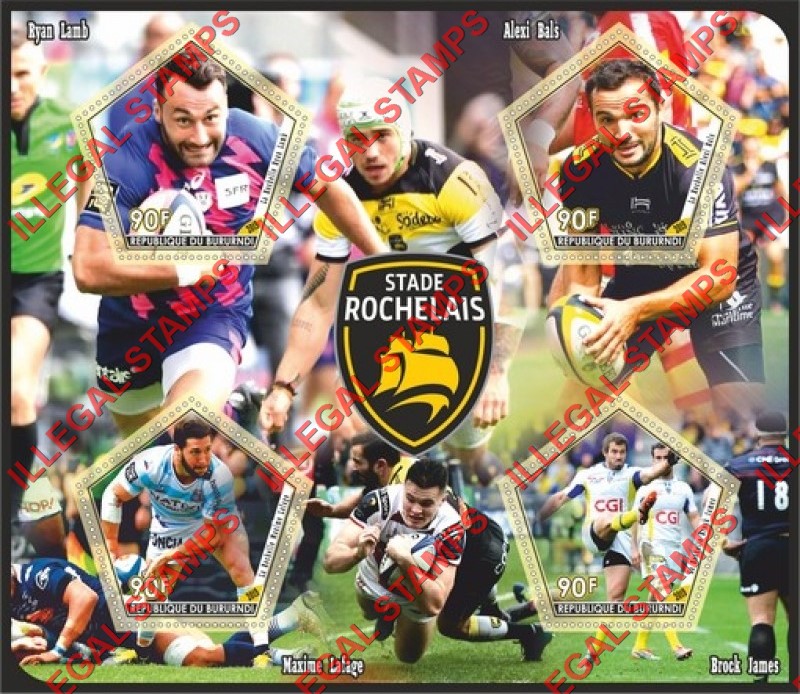 Burundi 2019 Rugby Players Stade Rochelais Counterfeit Illegal Stamp Souvenir Sheet of 4 Burundi 2019 Rugby Players Stade Rochelais Counterfeit Illegal Stamp Souvenir Sheet of 4