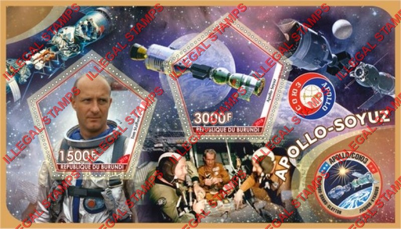 Burundi 2019 Space Apollo Soyuz Astronauts Counterfeit Illegal Stamp Souvenir Sheet of 2 Burundi 2019 Space Apollo Soyuz Astronauts Counterfeit Illegal Stamp Souvenir Sheet of 2