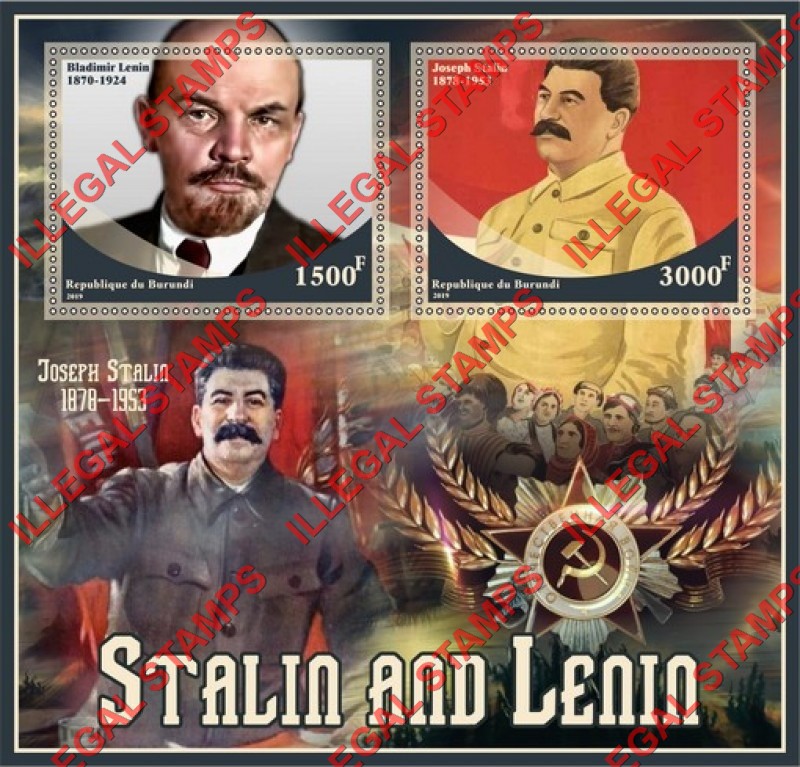 Burundi 2019 Stalin and Lenin Counterfeit Illegal Stamp Souvenir Sheet of 2 Burundi 2019 Stalin and Lenin Counterfeit Illegal Stamp Souvenir Sheet of 2