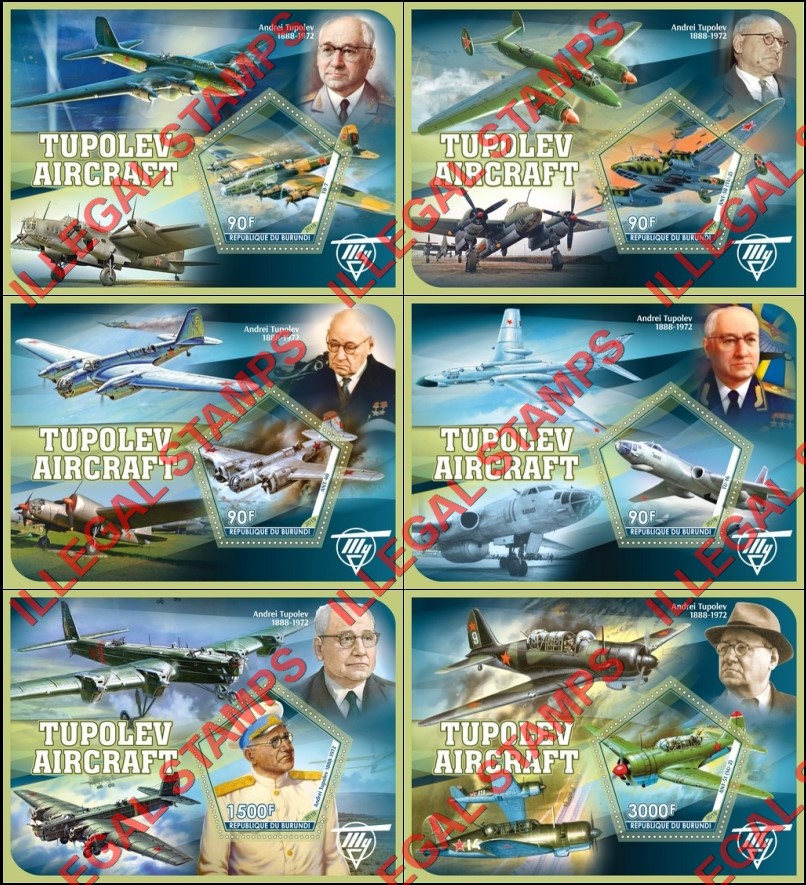 Burundi 2019 Tupolev Aircraft Counterfeit Illegal Stamp Souvenir Sheets of 1 Burundi 2019 Tupolev Aircraft Counterfeit Illegal Stamp Souvenir Sheets of 1