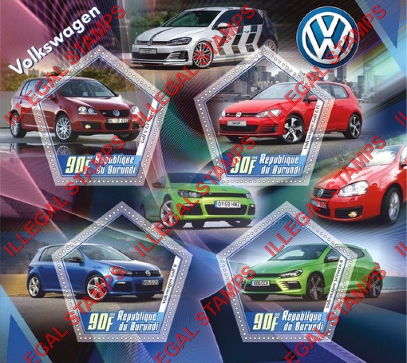 Burundi 2019 Volkswagen Cars Counterfeit Illegal Stamp Souvenir Sheet of 4 Burundi 2019 Volkswagen Cars Counterfeit Illegal Stamp Souvenir Sheet of 4