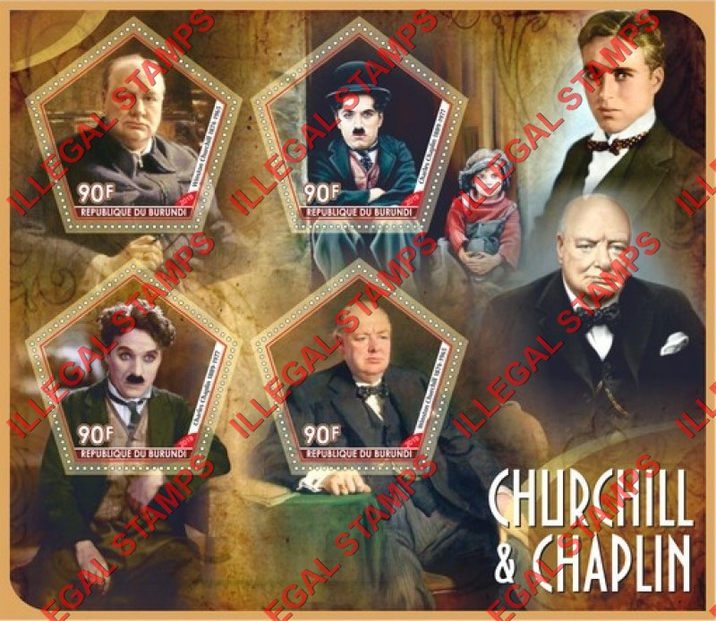 Burundi 2019 Winston Churchill and Charles Chaplin Counterfeit Illegal Stamp Souvenir Sheet of 4 Burundi 2019 Winston Churchill and Charles Chaplin Counterfeit Illegal Stamp Souvenir Sheet of 4