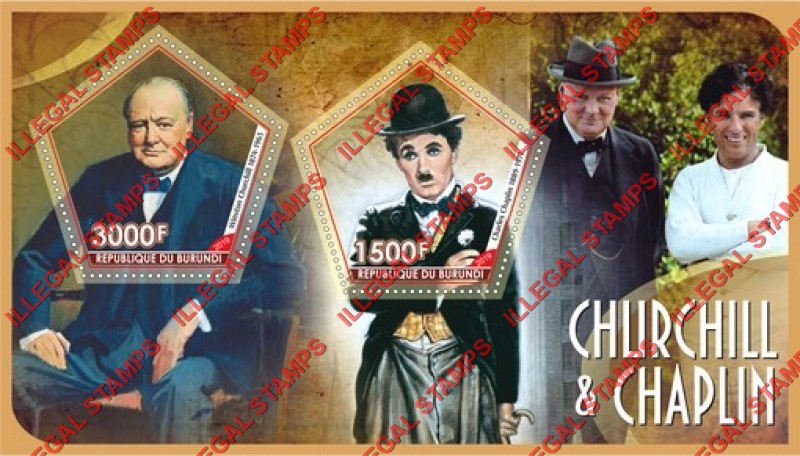 Burundi 2019 Winston Churchill and Charles Chaplin Counterfeit Illegal Stamp Souvenir Sheet of 2 Burundi 2019 Winston Churchill and Charles Chaplin Counterfeit Illegal Stamp Souvenir Sheet of 2