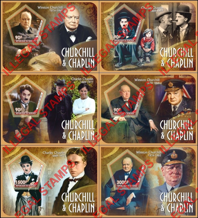 Burundi 2019 Winston Churchill and Charles Chaplin Counterfeit Illegal Stamp Souvenir Sheets of 1 Burundi 2019 Winston Churchill and Charles Chaplin Counterfeit Illegal Stamp Souvenir Sheets of 1