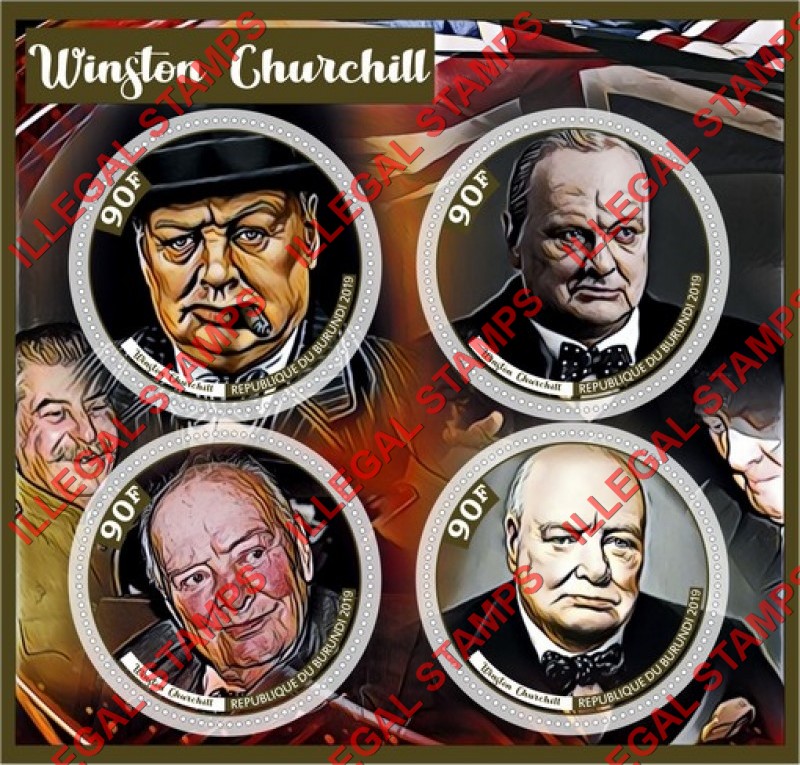 Burundi 2019 Winston Churchill (different) Counterfeit Illegal Stamp Souvenir Sheet of 4 Burundi 2019 Winston Churchill (different) Counterfeit Illegal Stamp Souvenir Sheet of 4