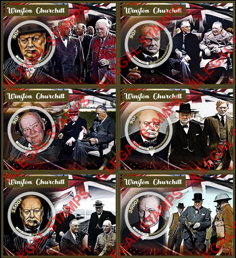 Burundi 2019 Winston Churchill (different) Counterfeit Illegal Stamp Souvenir Sheets of 1 Burundi 2019 Winston Churchill (different) Counterfeit Illegal Stamp Souvenir Sheets of 1