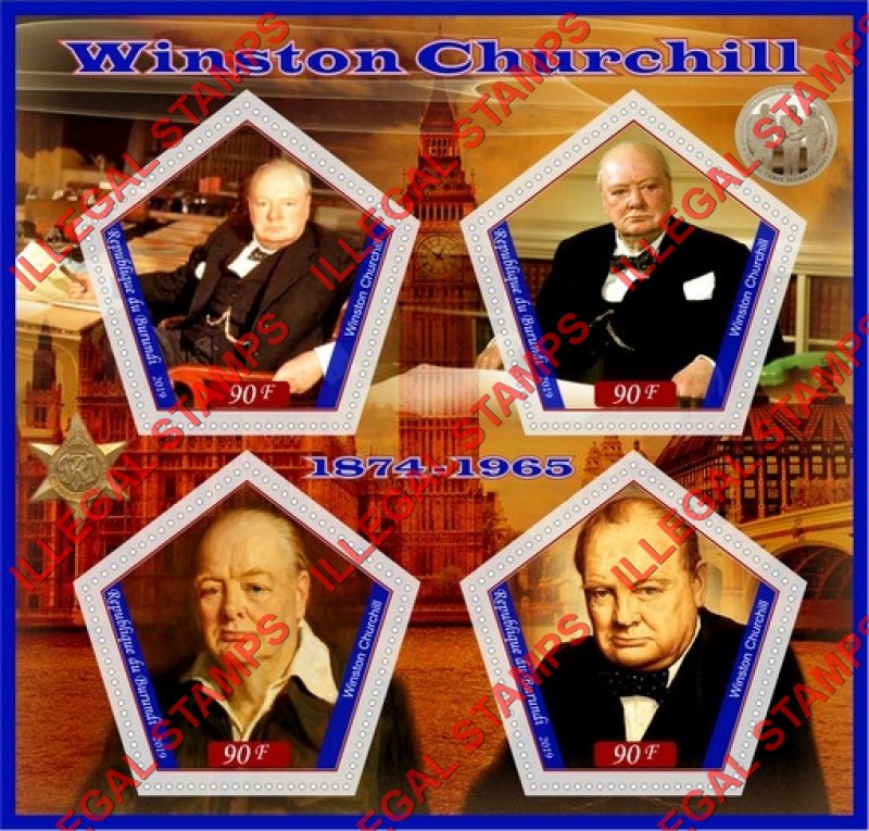 Burundi 2019 Winston Churchill Counterfeit Illegal Stamp Souvenir Sheet of 4 Burundi 2019 Winston Churchill Counterfeit Illegal Stamp Souvenir Sheet of 4