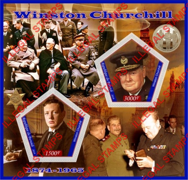 Burundi 2019 Winston Churchill Counterfeit Illegal Stamp Souvenir Sheet of 2 Burundi 2019 Winston Churchill Counterfeit Illegal Stamp Souvenir Sheet of 2