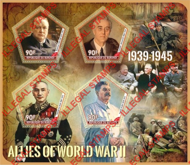 Burundi 2019 World War II Allies Counterfeit Illegal Stamp Souvenir Sheet of 4 Burundi 2019 World War II Allies Counterfeit Illegal Stamp Souvenir Sheet of 4