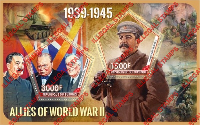 Burundi 2019 World War II Allies Counterfeit Illegal Stamp Souvenir Sheet of 2 Burundi 2019 World War II Allies Counterfeit Illegal Stamp Souvenir Sheet of 2