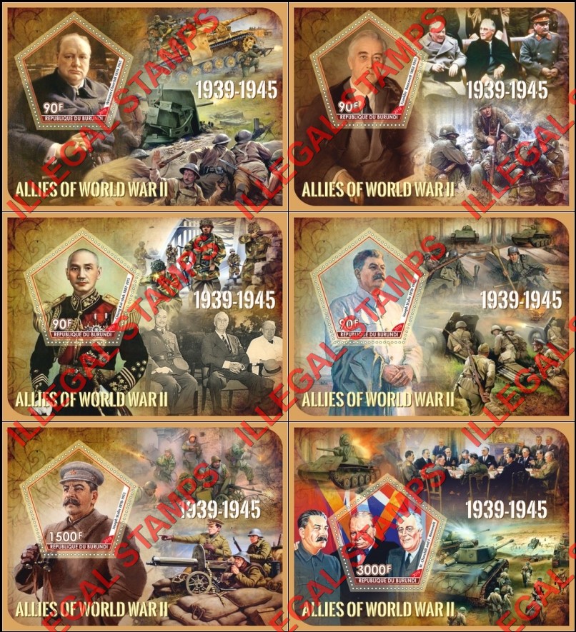 Burundi 2019 World War II Allies Counterfeit Illegal Stamp Souvenir Sheets of 1 Burundi 2019 World War II Allies Counterfeit Illegal Stamp Souvenir Sheets of 1