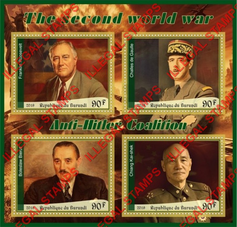 Burundi 2019 World War II Anti-Hitler Coalition Counterfeit Illegal Stamp Souvenir Sheet of 4 Burundi 2019 World War II Anti-Hitler Coalition Counterfeit Illegal Stamp Souvenir Sheet of 4