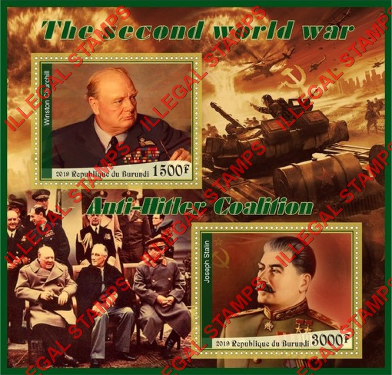 Burundi 2019 World War II Anti-Hitler Coalition Counterfeit Illegal Stamp Souvenir Sheet of 2 Burundi 2019 World War II Anti-Hitler Coalition Counterfeit Illegal Stamp Souvenir Sheet of 2