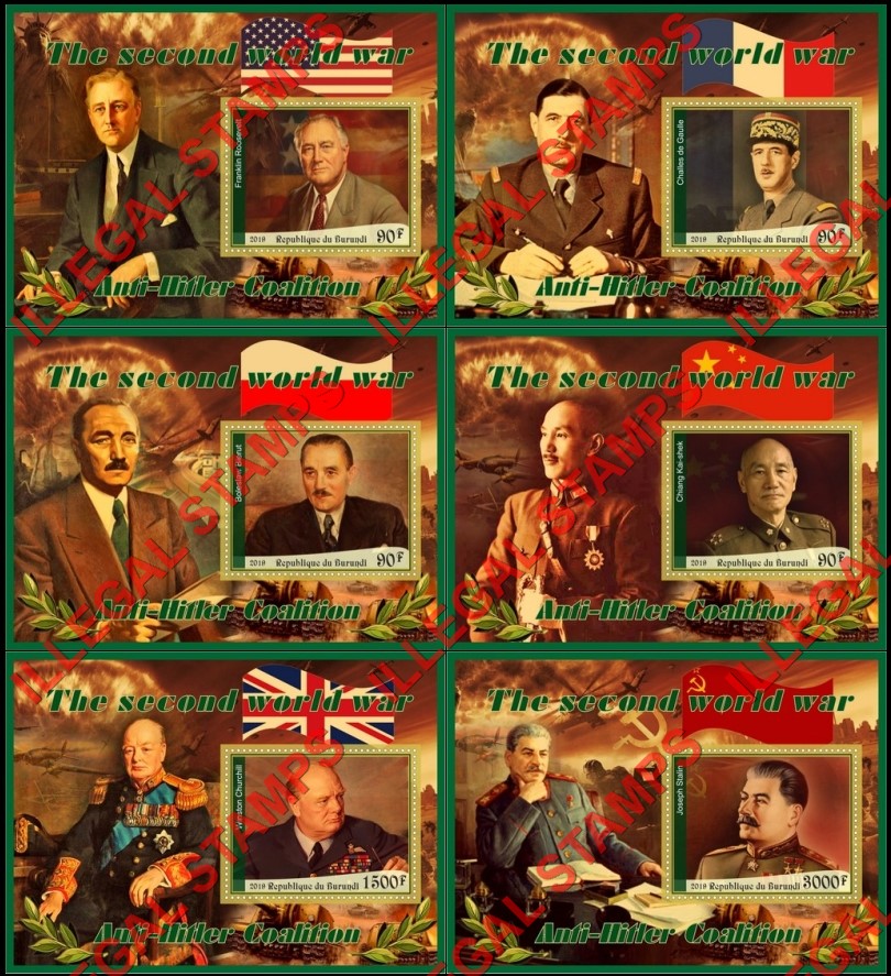 Burundi 2019 World War II Anti-Hitler Coalition Counterfeit Illegal Stamp Souvenir Sheets of 1 Burundi 2019 World War II Anti-Hitler Coalition Counterfeit Illegal Stamp Souvenir Sheets of 1