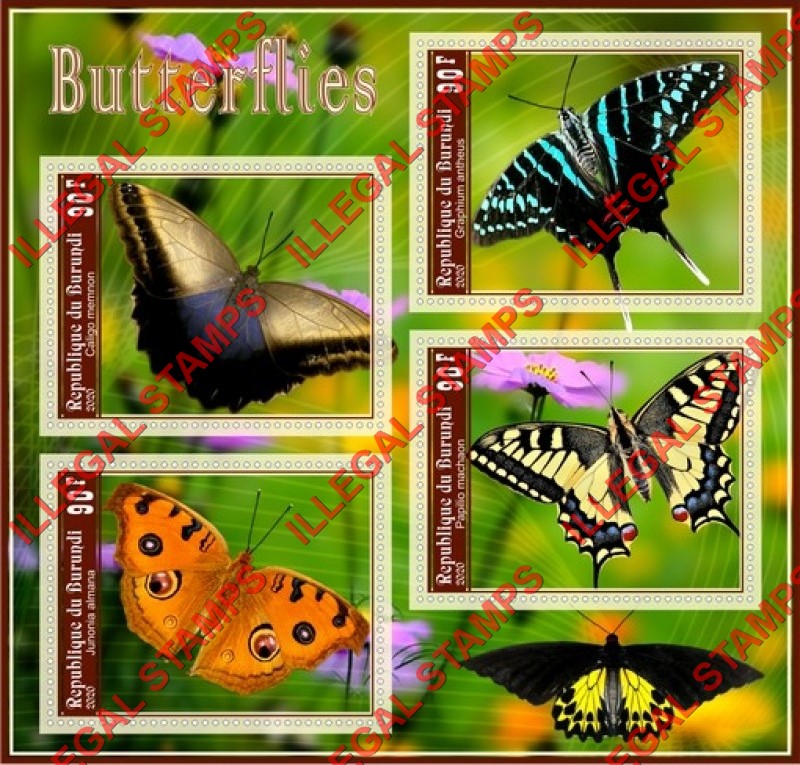 Burundi 2020 Butterflies (different b) Counterfeit Illegal Stamp Souvenir Sheet of 4 Burundi 2020 Butterflies (different b) Counterfeit Illegal Stamp Souvenir Sheet of 4