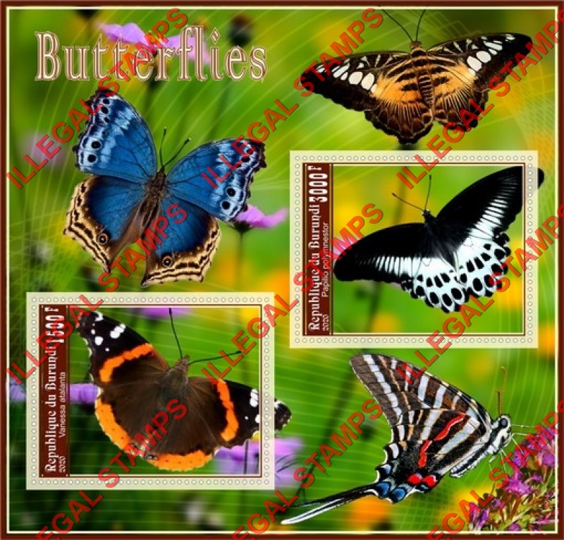 Burundi 2020 Butterflies (different b) Counterfeit Illegal Stamp Souvenir Sheet of 2 Burundi 2020 Butterflies (different b) Counterfeit Illegal Stamp Souvenir Sheet of 2
