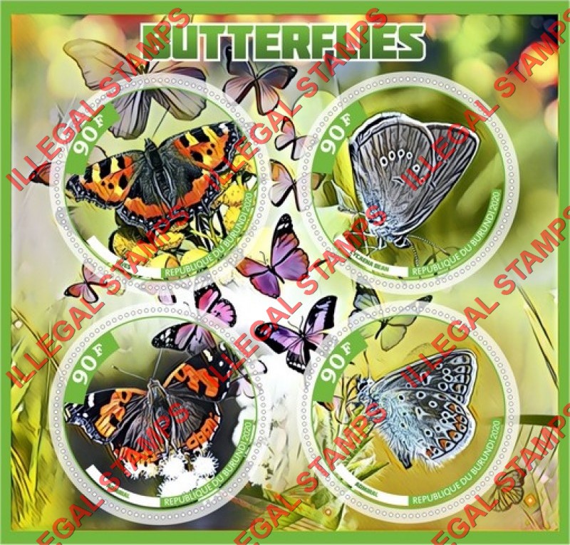 Burundi 2020 Butterflies Counterfeit Illegal Stamp Souvenir Sheet of 4 Burundi 2020 Butterflies Counterfeit Illegal Stamp Souvenir Sheet of 4